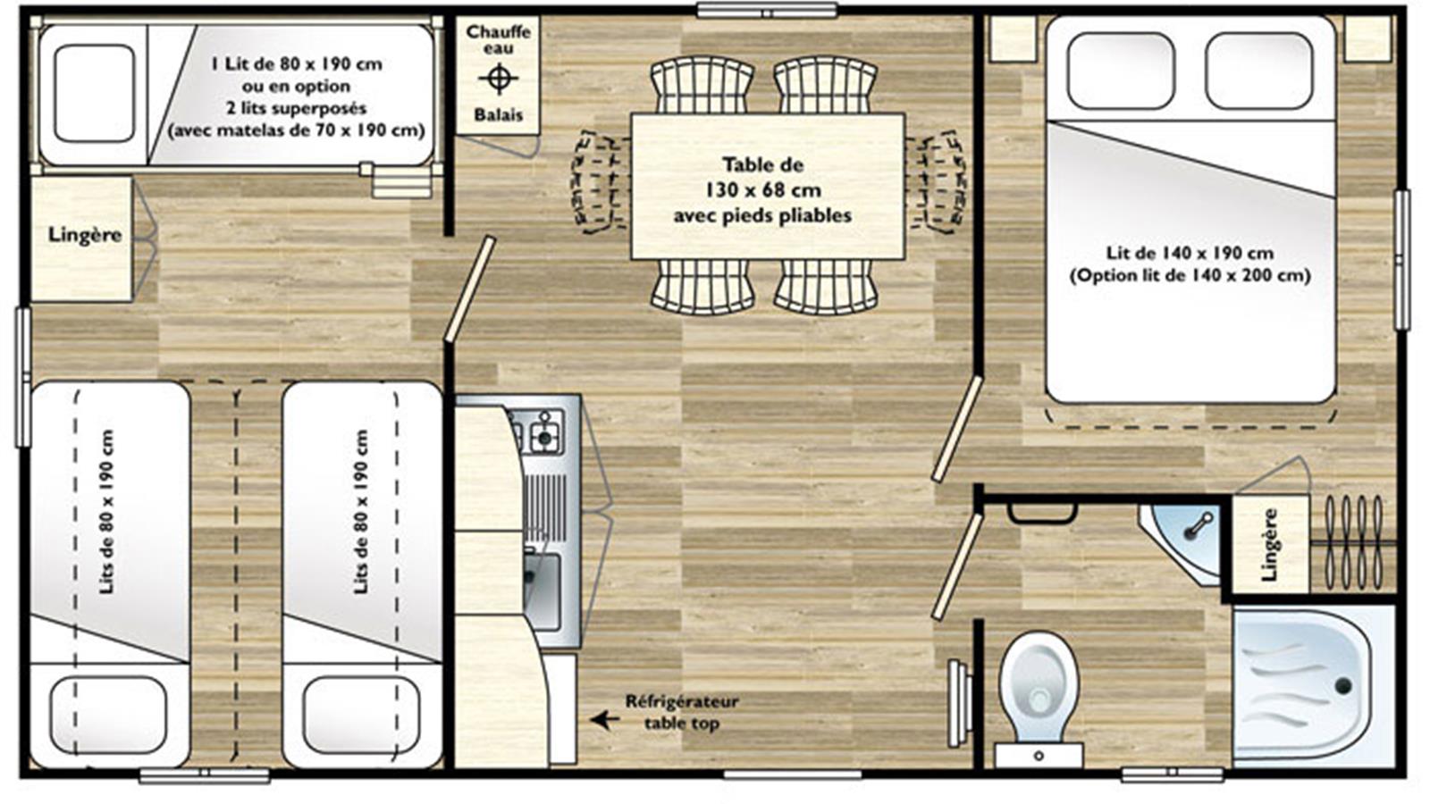 Un plano de mobile home Eco - Camping La Siesta | La Faute sur Mer